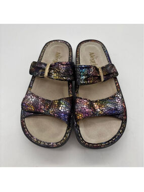 Alegria Fiona Iridescent Snake Leather Slide Sandals Size 38 Black Multi FIO-729